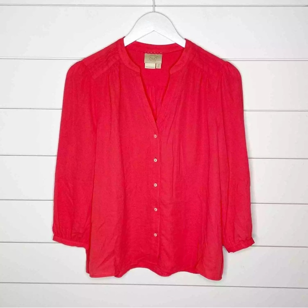 Vanessa Virginia Romi‎ Button Front Pleated Shoulder Blouse Coral Size 2